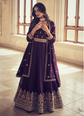 Festive Dark Purple Silk Anarkali Dress With Dupatta