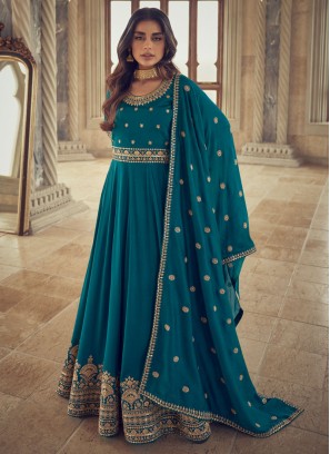 Peacock Blue Floor Length Anarkali Dress With Dupatta