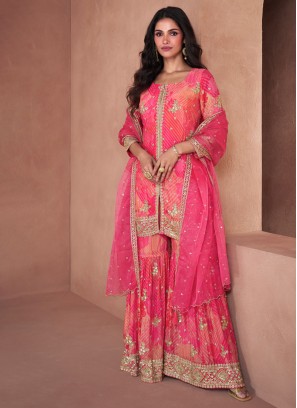 Pink Embroidered Chinon Silk Sharara Suit