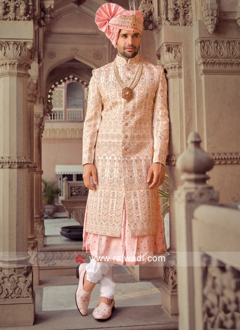 Anarkali Style Peach Color Wedding Wear Sherwani