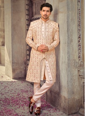Stylish Cream Color Sherwani In Art Silk Fabric