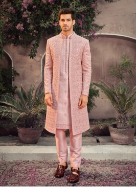 Jacket Style Art Silk Sherwani In Peach Color