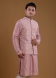 Thread Work Nehru Jacket Suit In Onion Pink