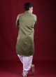 Mehndi Green Color Cotton Silk Pathani Suit For Men