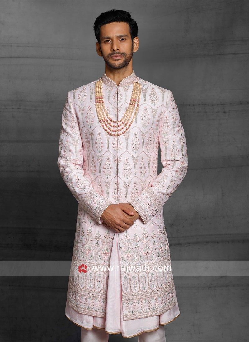 Designer Resham Work Sherwani In Pink Color