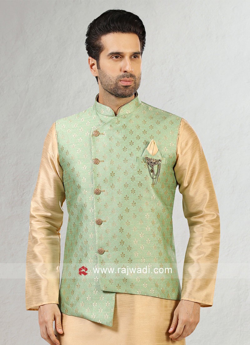 Pista Green Color Nehru Jacket Set In Brocade Fabric