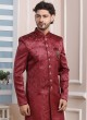 Maroon And Off White Jacquard Silk Indowestern