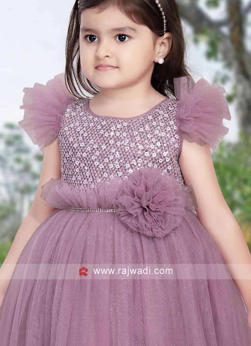 Girls Light Purple Gown In Net With Frill Sleeves