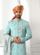 Teal Blue Hand Embroidered Groom Sherwani With Stole