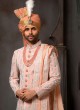 Peach Embroidered Sherwani Set With Stole