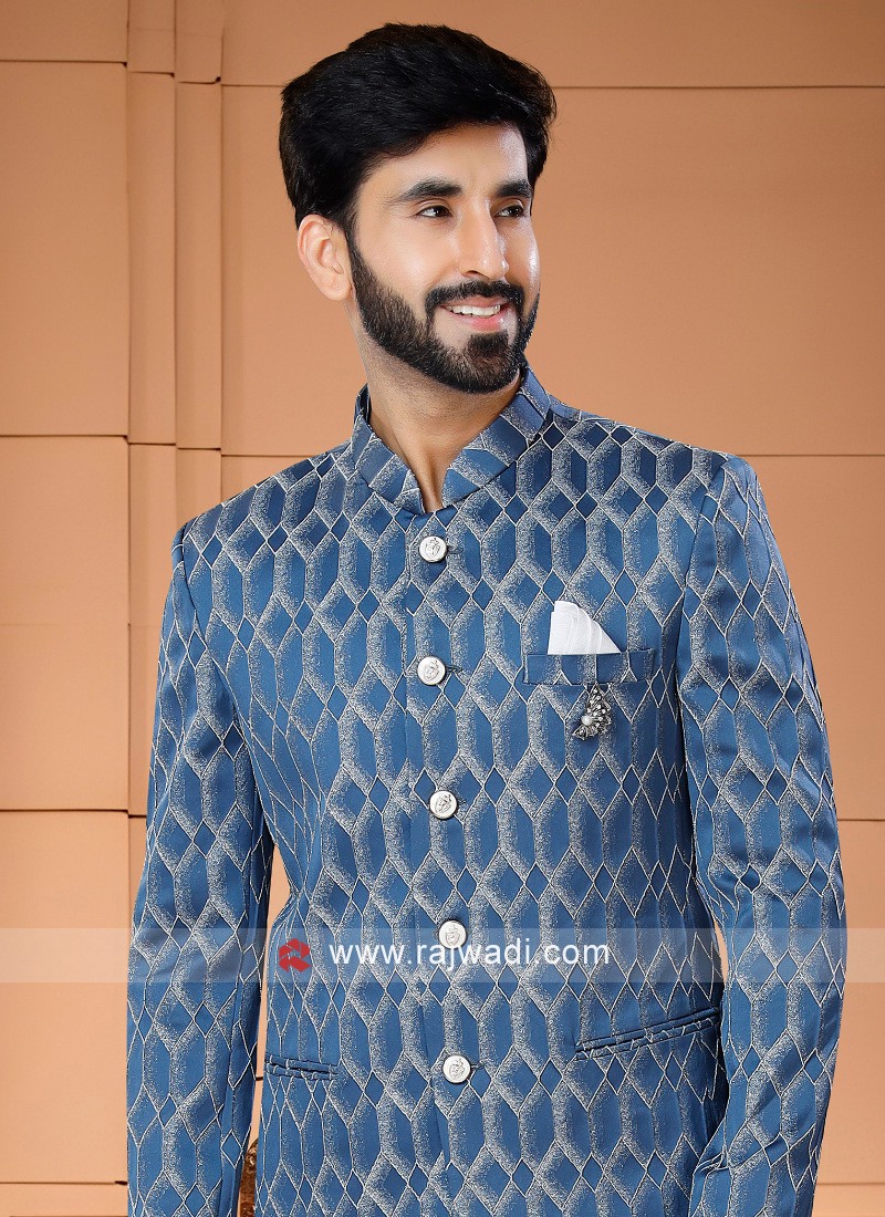 Fancy Blue Color Jodhpuri Suit In Jacquard Fabric