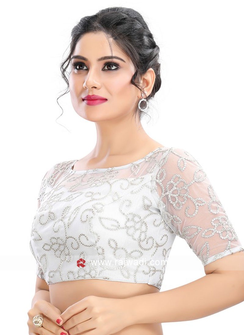 Silver Embroidered Saree Blouse In Net