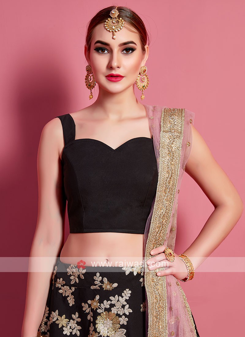 New Attractive Embroidered Black Lehenga With Butti Work and unstitched  Embroidered Work Pink Blouse