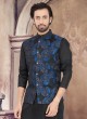 Art Silk Black And Blue Color Nehru Jacket Suit