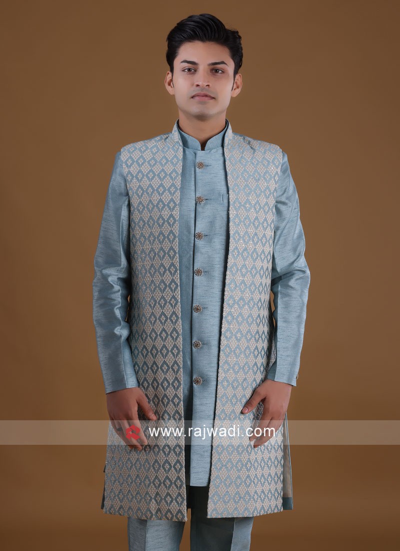 Wedding Wear Indowestern In Powder Blue Color