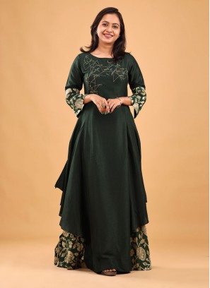 A-Line Kurti In Bottle Green Color