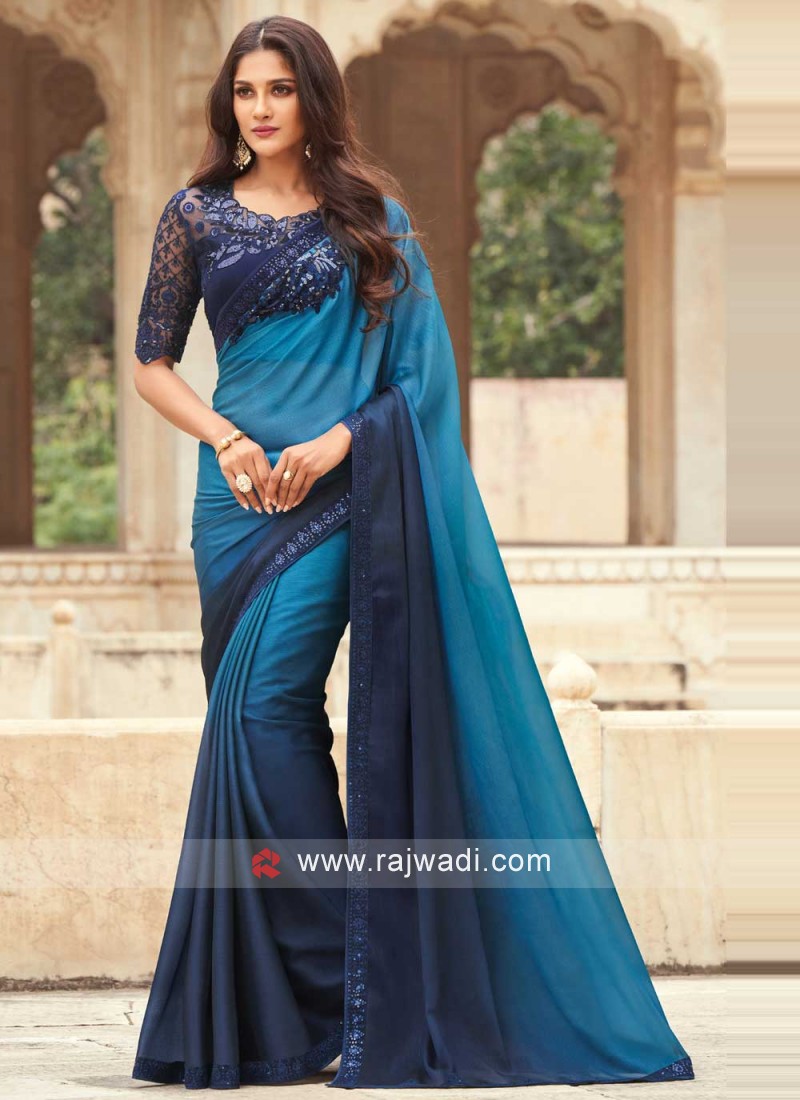 Aesthetic Embroidered Blue Shaded Saree