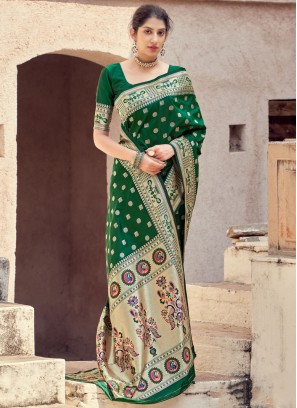 Astounding Banarasi Silk Green Weaving Traditional Designer Saree