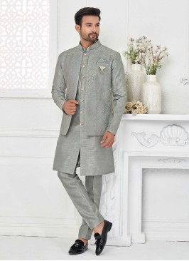 Attractive Grey Color Nehru Jacket Set