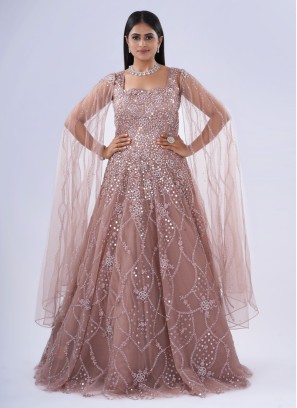 Attractive Mauve Sequins Embellished Gown With Cape Sleeves
