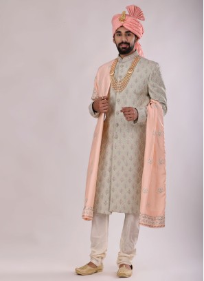Attractive Silk Fabric Sherwani In Pista Color