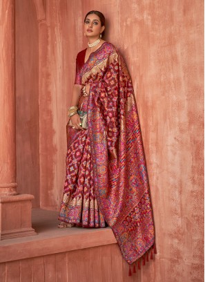 Auspicious Maroon Weaving Pashnima Silk Trendy Saree