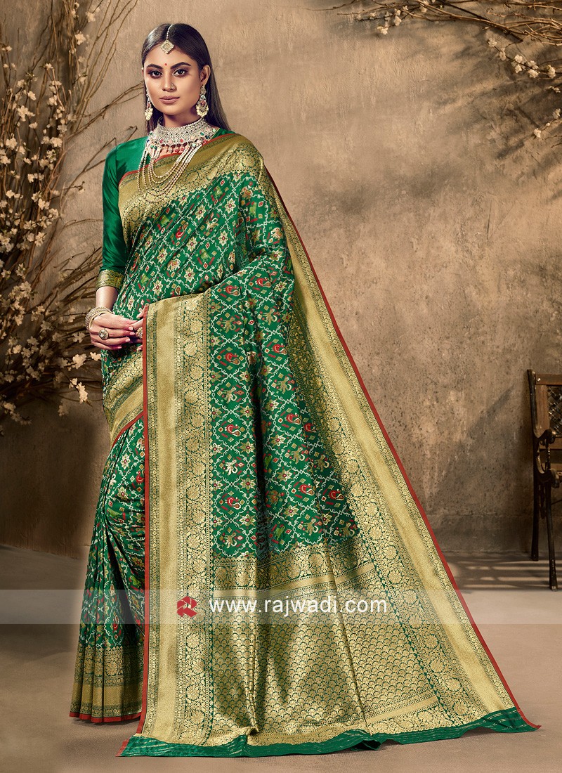 Banarasi Silk Patola Printed Saree In Green Color