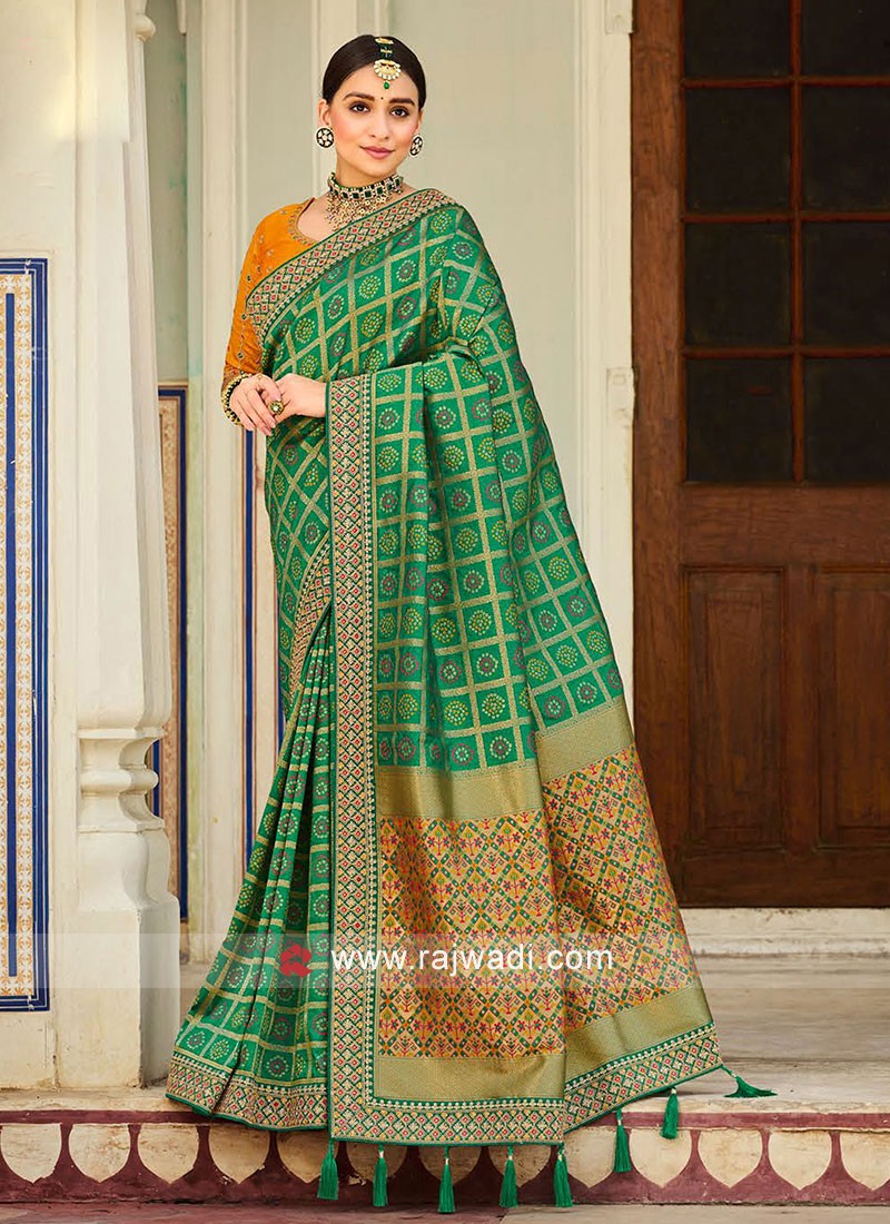 Banarasi Silk Saree  In Green And Orange