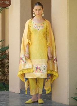 Banarasi Silk Yellow Dress Material For Women