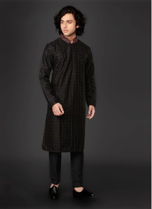 Black Color Kurta Pajama In Silk Fabric