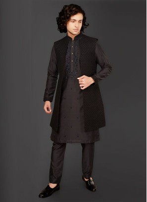 Black Color Thread Work Nehru Jacket Suit