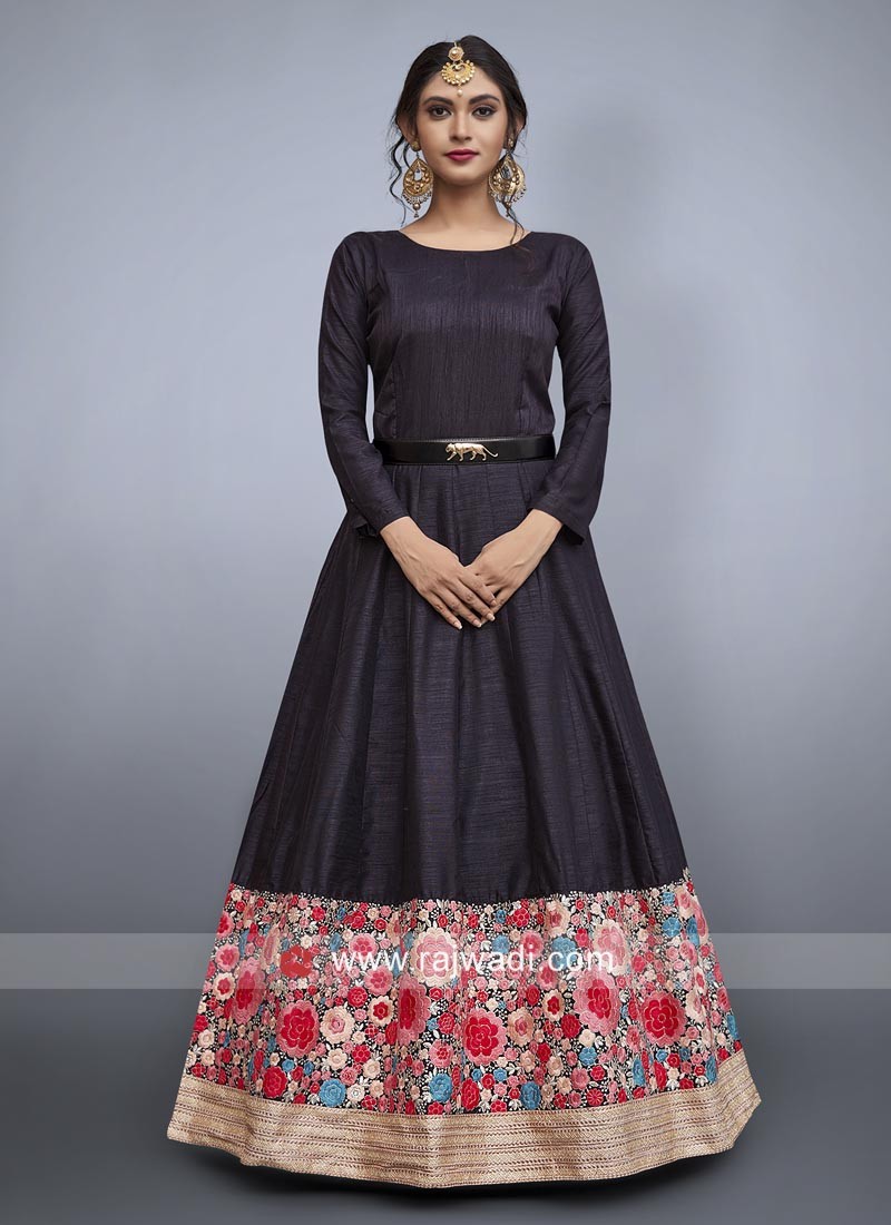 Black Embroidered Gown with Waist Belt