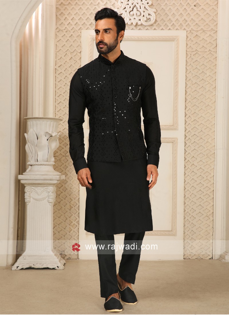 Black Embroidered Nehru Jacket Set For Wedding