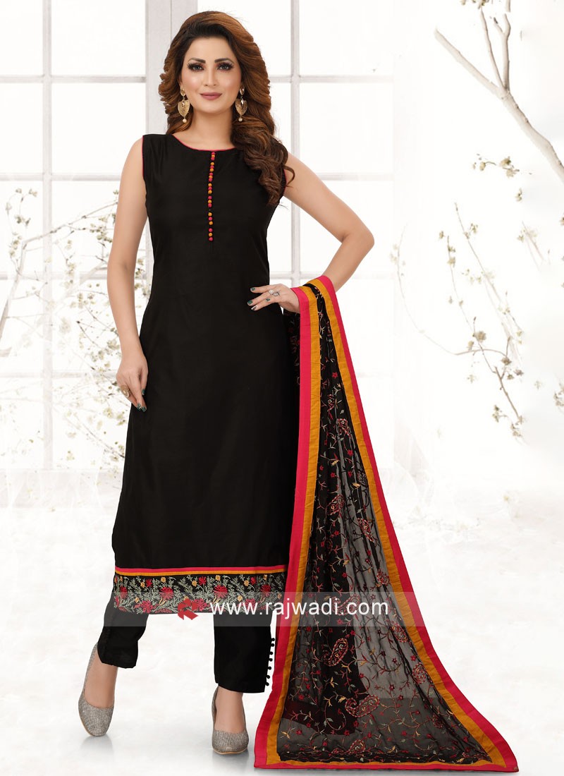 Black Pant Style Suit With Colorful Embroidery