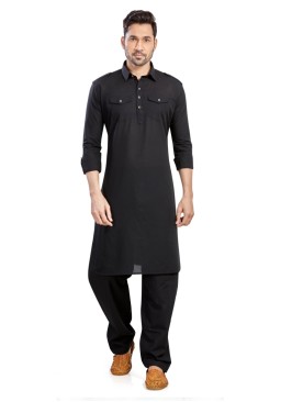 Black Pathani Suit In Cotton
