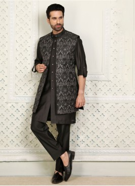 Black Readymade Indowestern In Cotton Silk