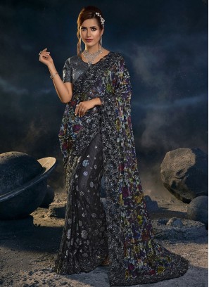 Beautiful Black Floral Designer Net Saree