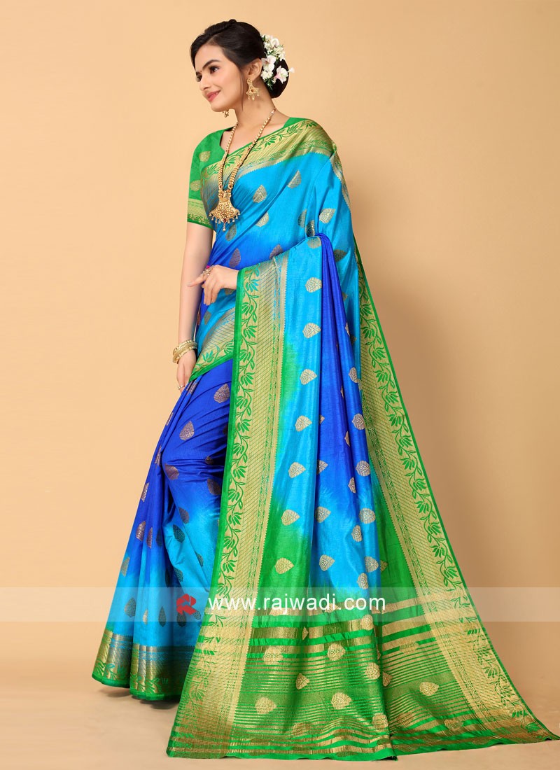 Blue and Green Banarasi Silk Zari Woven Saree