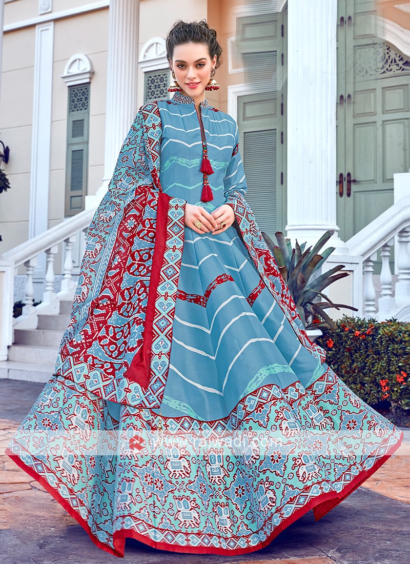 Blue And Red Colour Anarkali Suit With Matching Dupatta