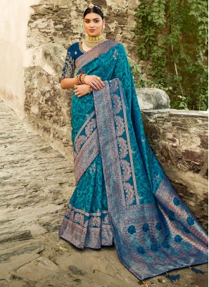 Blue Embroidered Silk Traditional Designer Saree