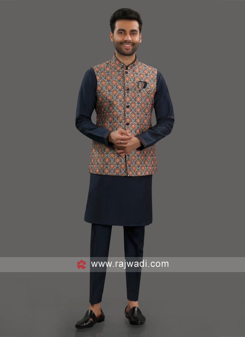 Blue Fancy Motifs Print Nehru Jacket Set For Men
