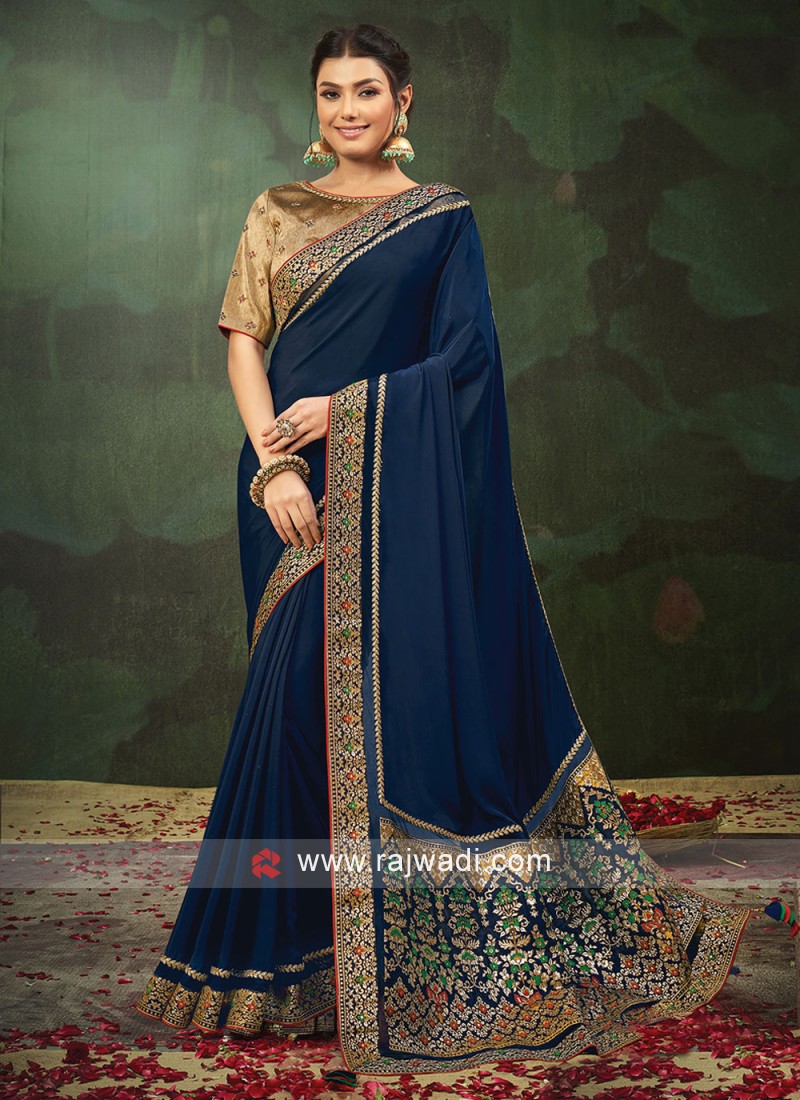 Blue Sequins Satin Silk Designer Saree