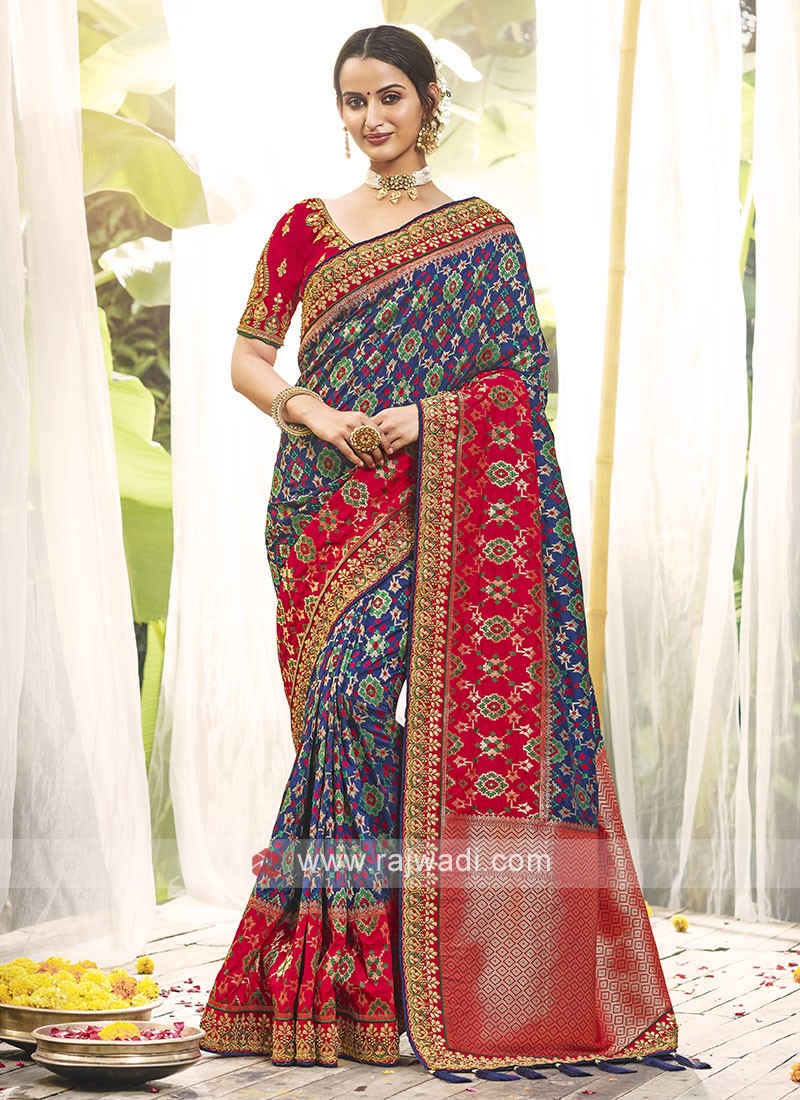 Blue & Red Color Silk Traditional Saree