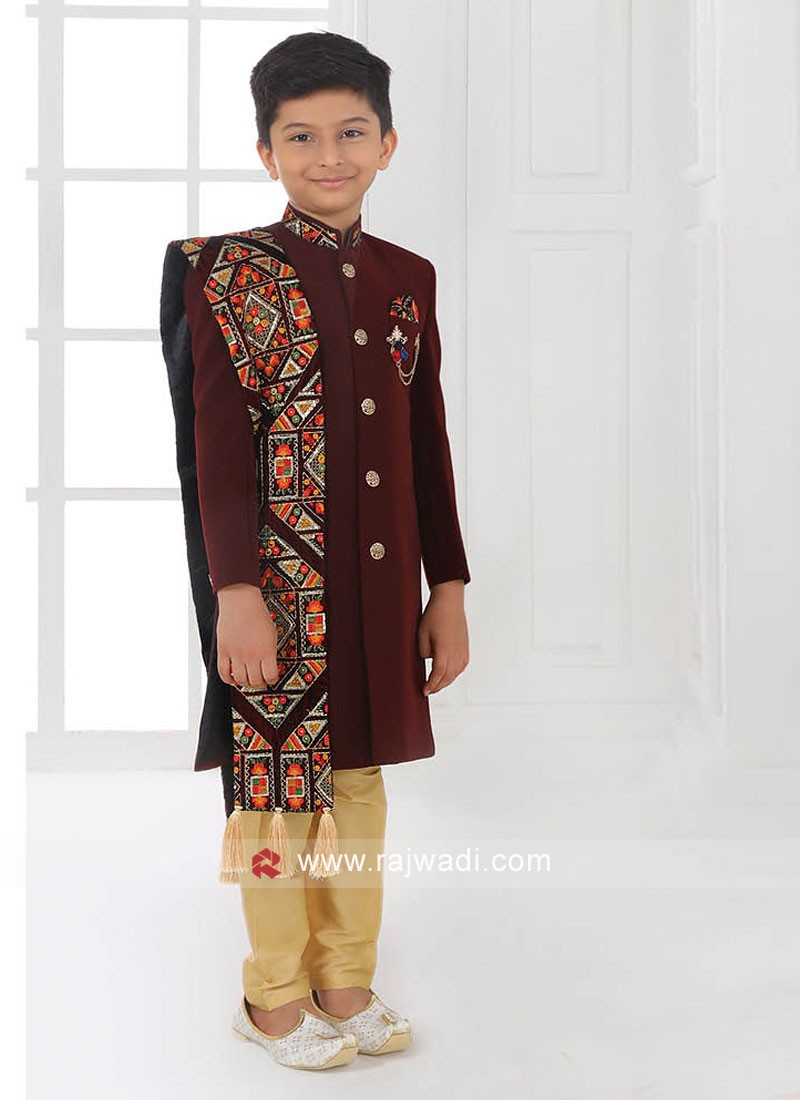 Boys Art Silk Indowestern In Maroon Color
