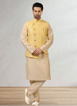 Brocade Fabric Nehru Jacket Set In Yellow Color