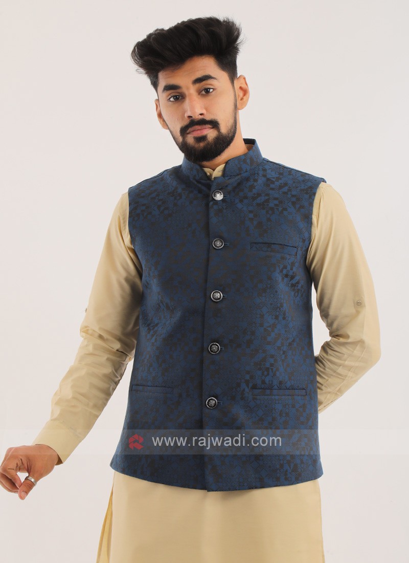 Brocade Silk Nehru Jacket In Blue