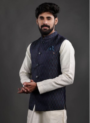 Brocade Silk Nehru Jacket In Blue Color