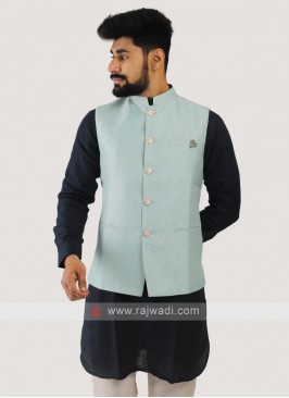 Brocade Silk Nehru Jacket In Firozi