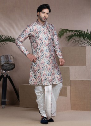 Brocade Silk Printed Dhoti Suit In Cream Color