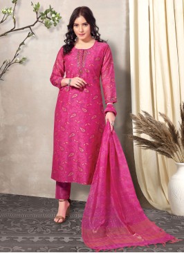 Chanderi Pant Style Suit In Rani Color